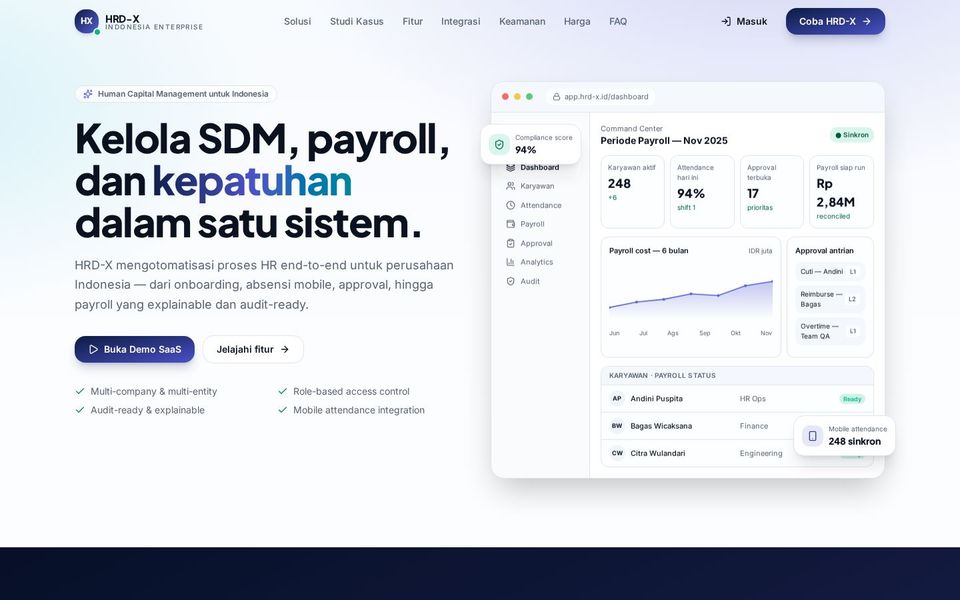 Screenshot of HRD-X Launchpad — Product launch site for HRD-X Indonesia