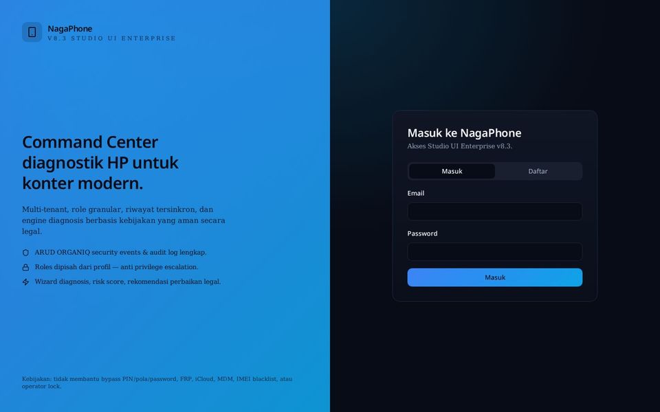 Screenshot of NagaPhone Command Center — Enterprise smartphone diagnostics SaaS
